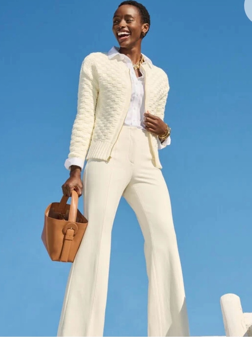 Talbots Ivory Texture Stitch Bomber Cardigan With Gold Tone Zipper Size Large
